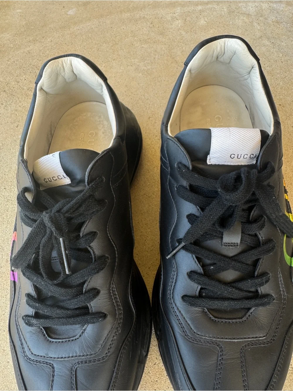 Gucci Black Leather Sneakers with Rainbow Script